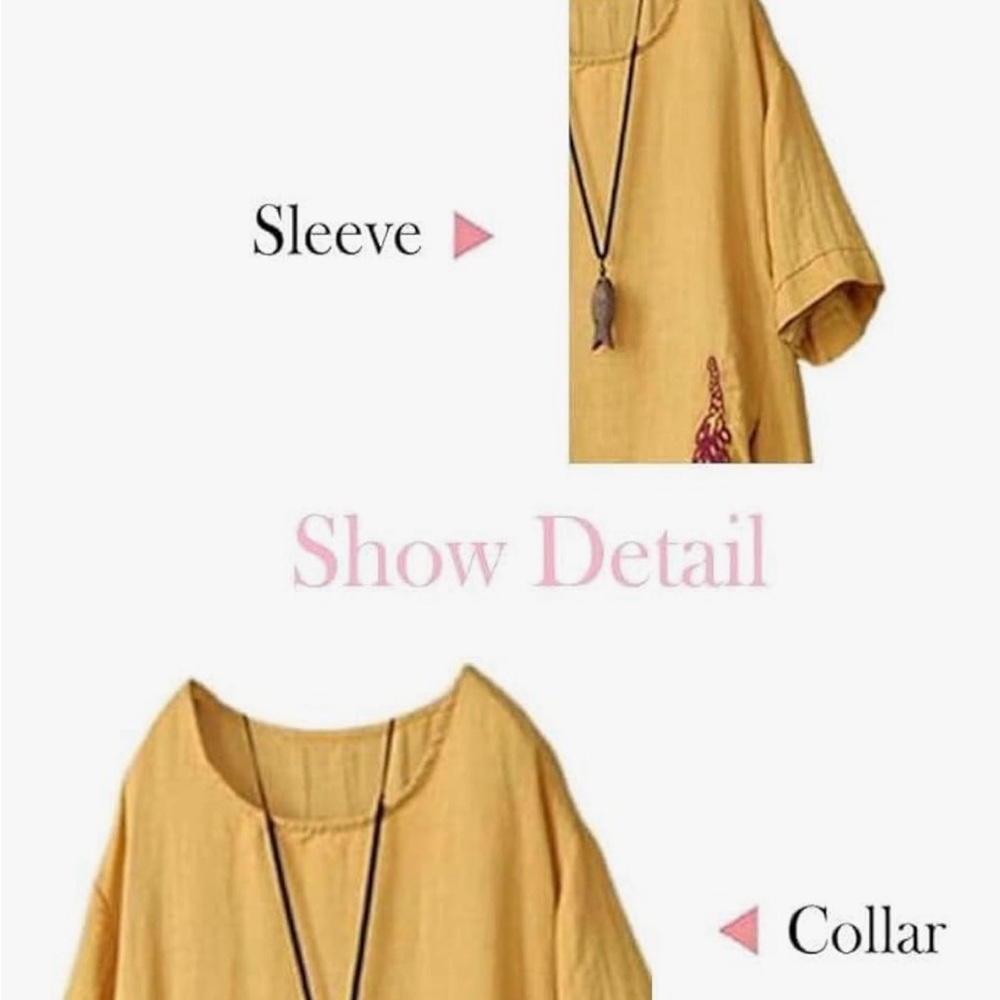 Women’s Minibee Mustard Yellow Linen Floral Embroidered Dress/Tunic - Picture 6 of 8